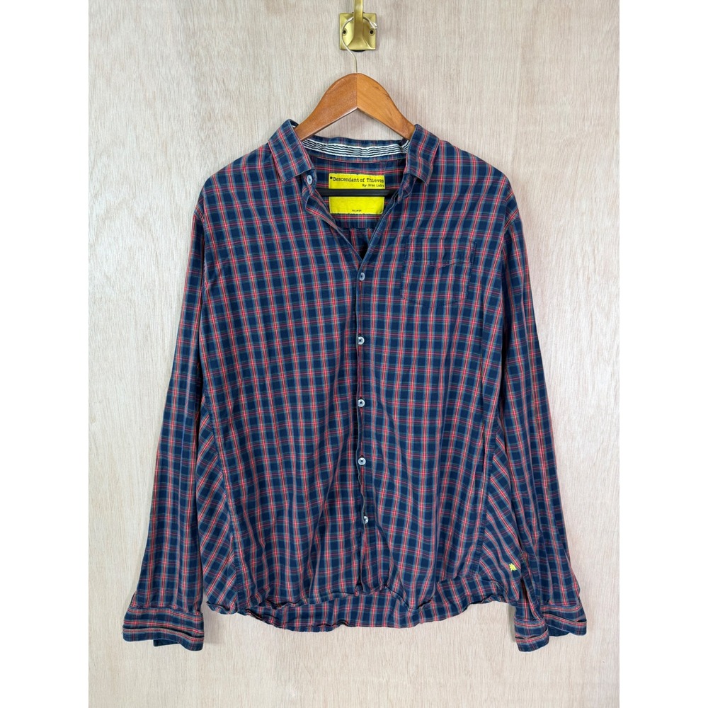 Descendant of Thieves Mens XXL Navy Red Plaid Pleated Button Down Shirt LS